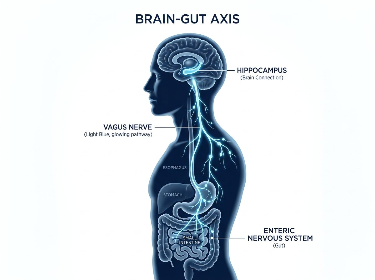 Gut-Brain Axis Diagram — Vagus nerve pathway connecting gut microbiome to cognitive function